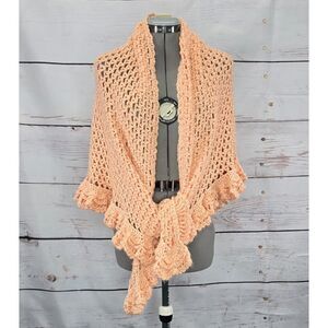 Vintage Handmade Ruffled Crochet Peach Knit Afghan Boho‎ Shawl Cape